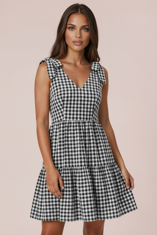 Mommy & Me Gingham Print Tie Shoulder Ruffle Babydoll Dress