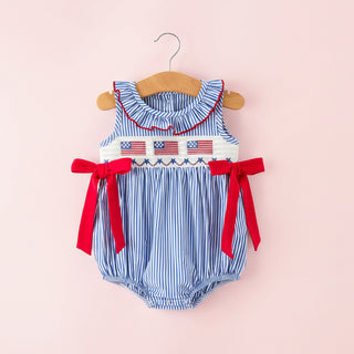 Girls 4th of July Plaid Romper Bow Smocked Embroidery
