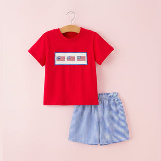 4th of July Flag Outfit Set Embroidery Plaid