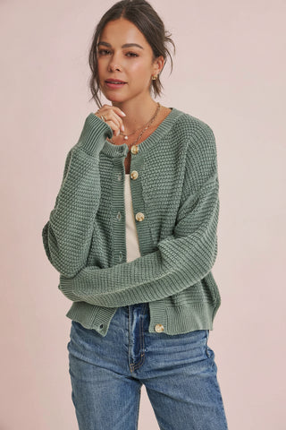 Women's Mineral-Washed Waffle Cotton Knit Cardigan Sweater