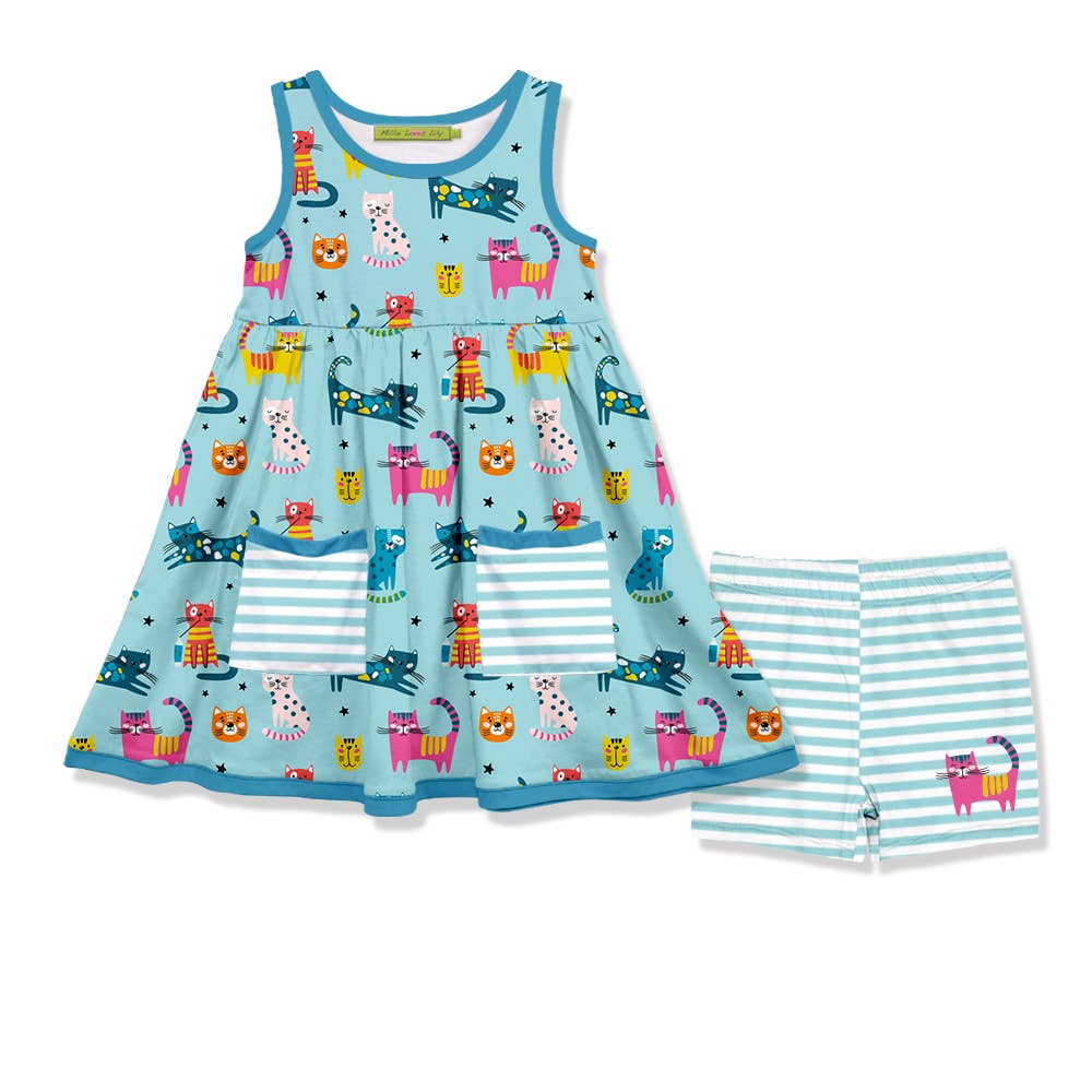 Girls Mint Kitty Cats Sleeveless Dress & Shorts