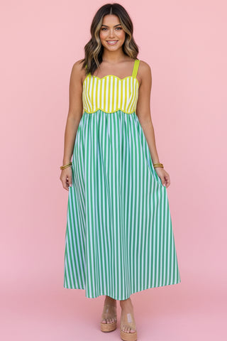 Color-Block Striped Scalloped Maxi Dress