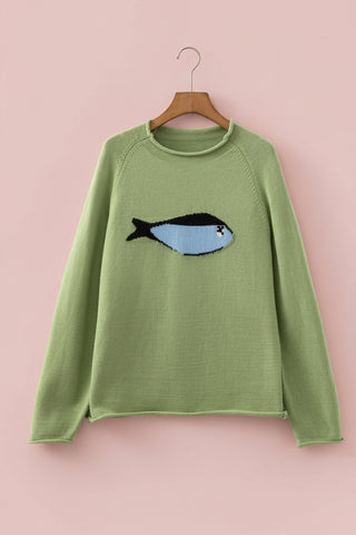 Women's Marine Fish Pattern Raw Edge Loose Knit Sweater