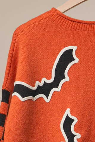 Halloween Bat & Checkerboard Sleeve Knit Sweater