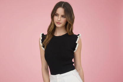 Black Ribbed Ruffle Sleeve Knit Top with Contrast Trim