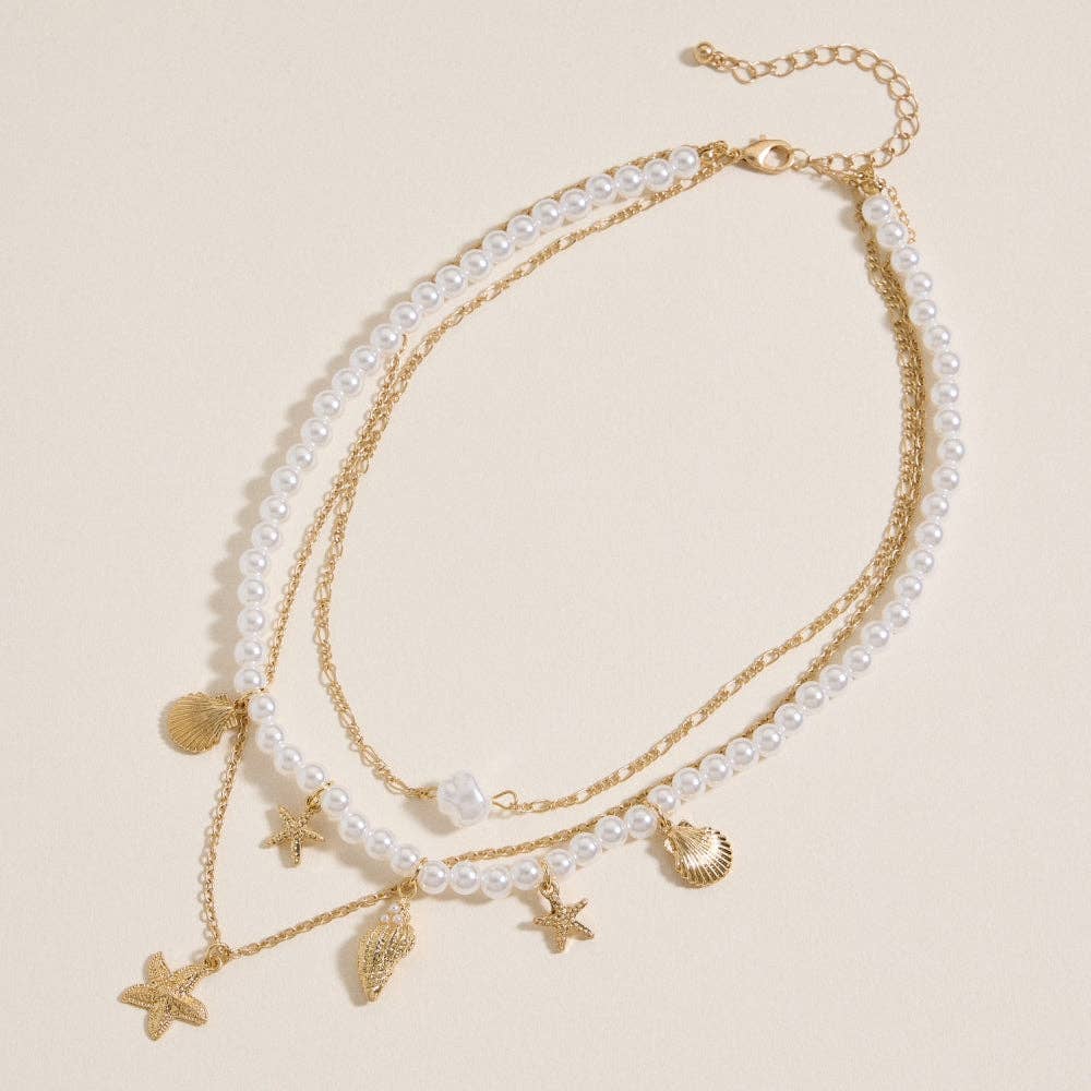 Layered Pearl Necklace with Sea Charms