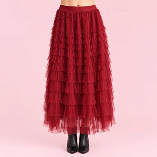 Tiered Ruffle Mesh Maxi Skirt