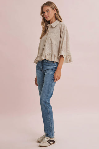 Women's Relaxed Gingham Check Button Down Shirt with Ruffle Hem