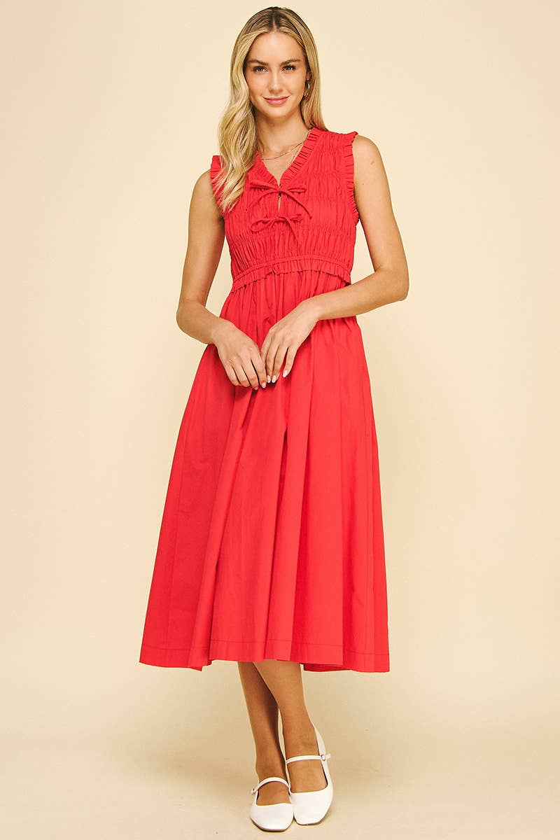 Front-Tie Detailed Smocking Midi Dress