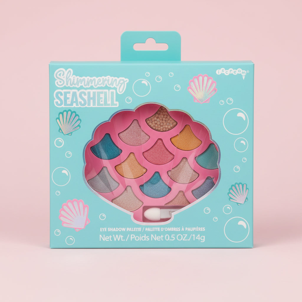 Shimmery Seashell makeup palette packaging on a light blue background with shell and bubble designs.