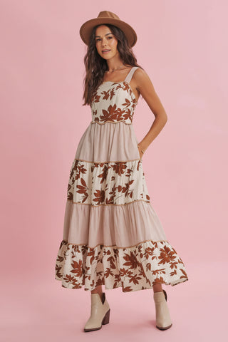 Women's Mixed Print Floral Tiered Midi Dress with Wavy Piping