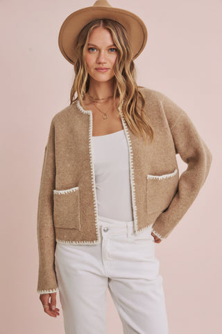 Open Front Whipstitch Brushed Wool Blend Sweater Jacket