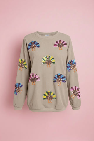Thanksgiving Real Sequin Turkey Graphic Baggy Sweatshirt