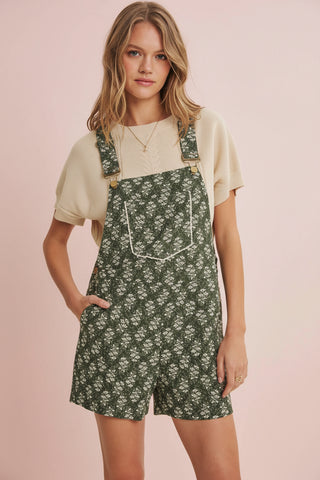 Women's Floral Print Overall Short Romper with Lace Trim