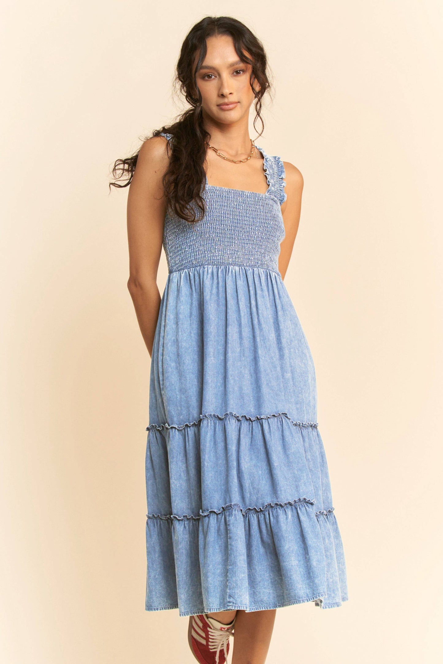 Washed Denim Smocking Straps Tiered Midi Dress