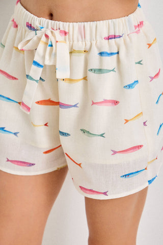 Fish Print Drawstring Shorts with Elastic Waistband