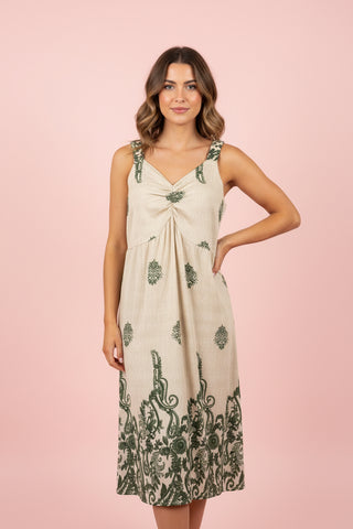Bohemian Medallion Print Ruched V-Neck Dress