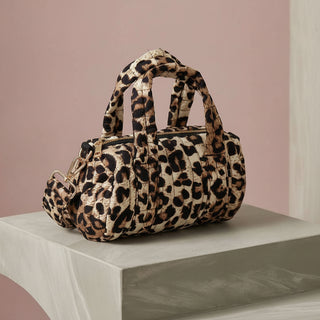 Quilted Leopard Print Barrel Crossbody Bag