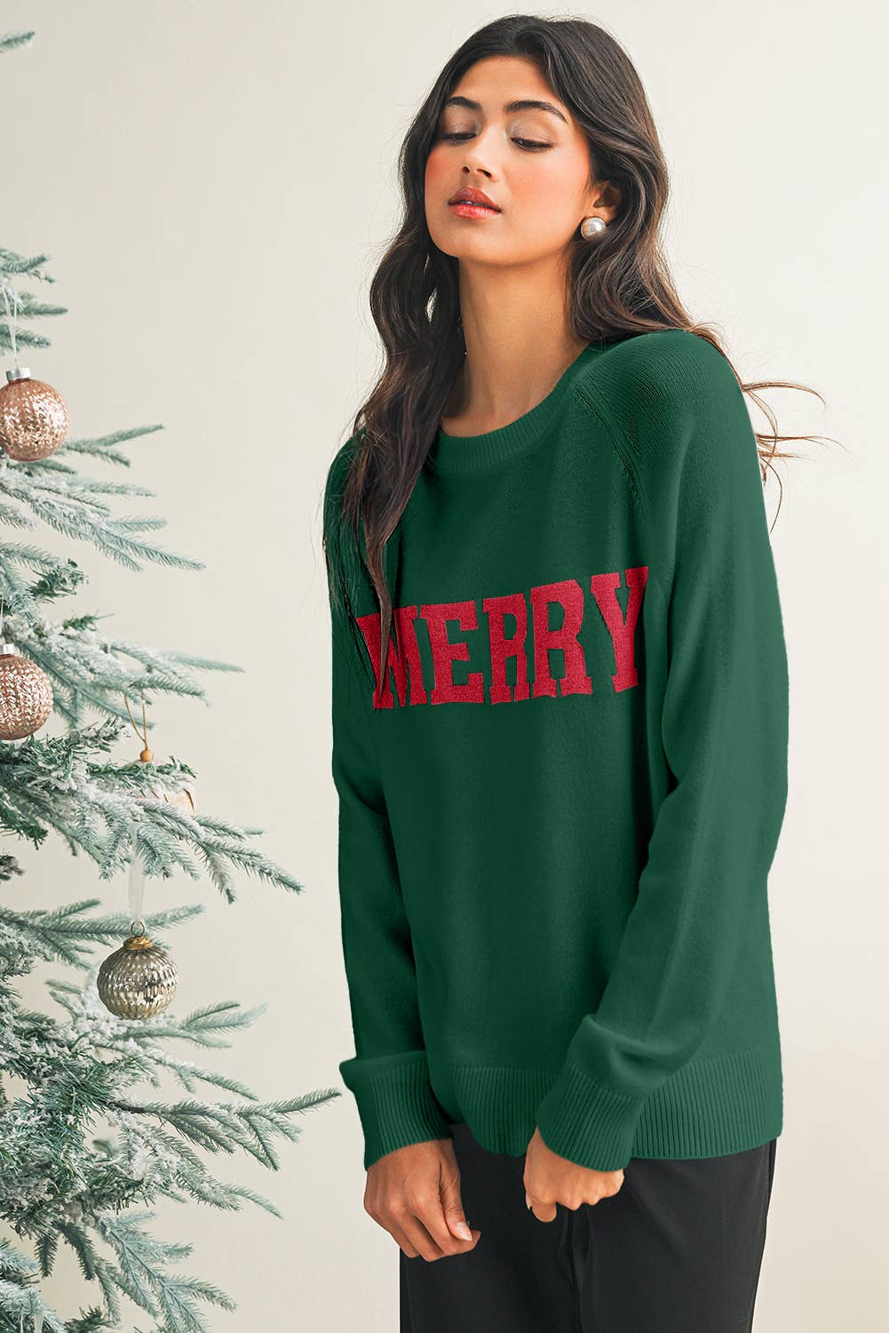 Festive “Merry” Holiday Sweater – Green Knit