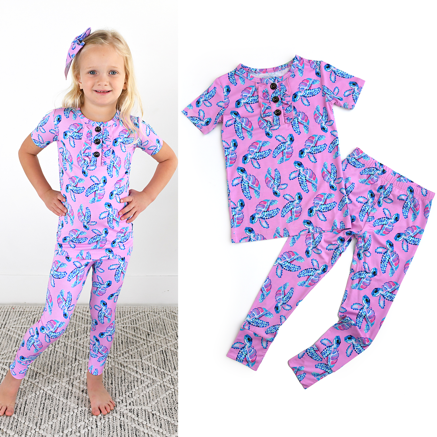 Waverly Sea Turtles Ruffle Two Piece Bamboo Kids Lounge Set