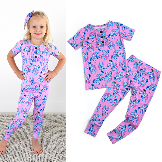 Waverly Sea Turtles Ruffle Two Piece Bamboo Kids Lounge Set