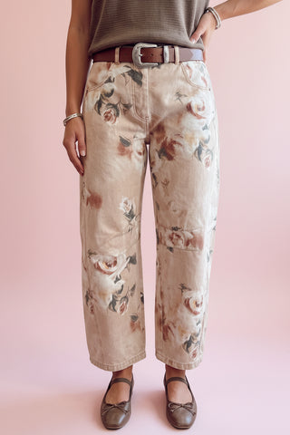 Women's Floral Straight Leg Vintage Ankle Denim Pants