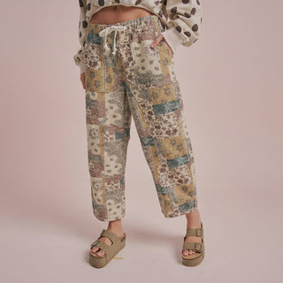 Women's Mid Rise Relaxed Everyday Casual Fit Mixed Print Vintage Boho Patchwork Pants
