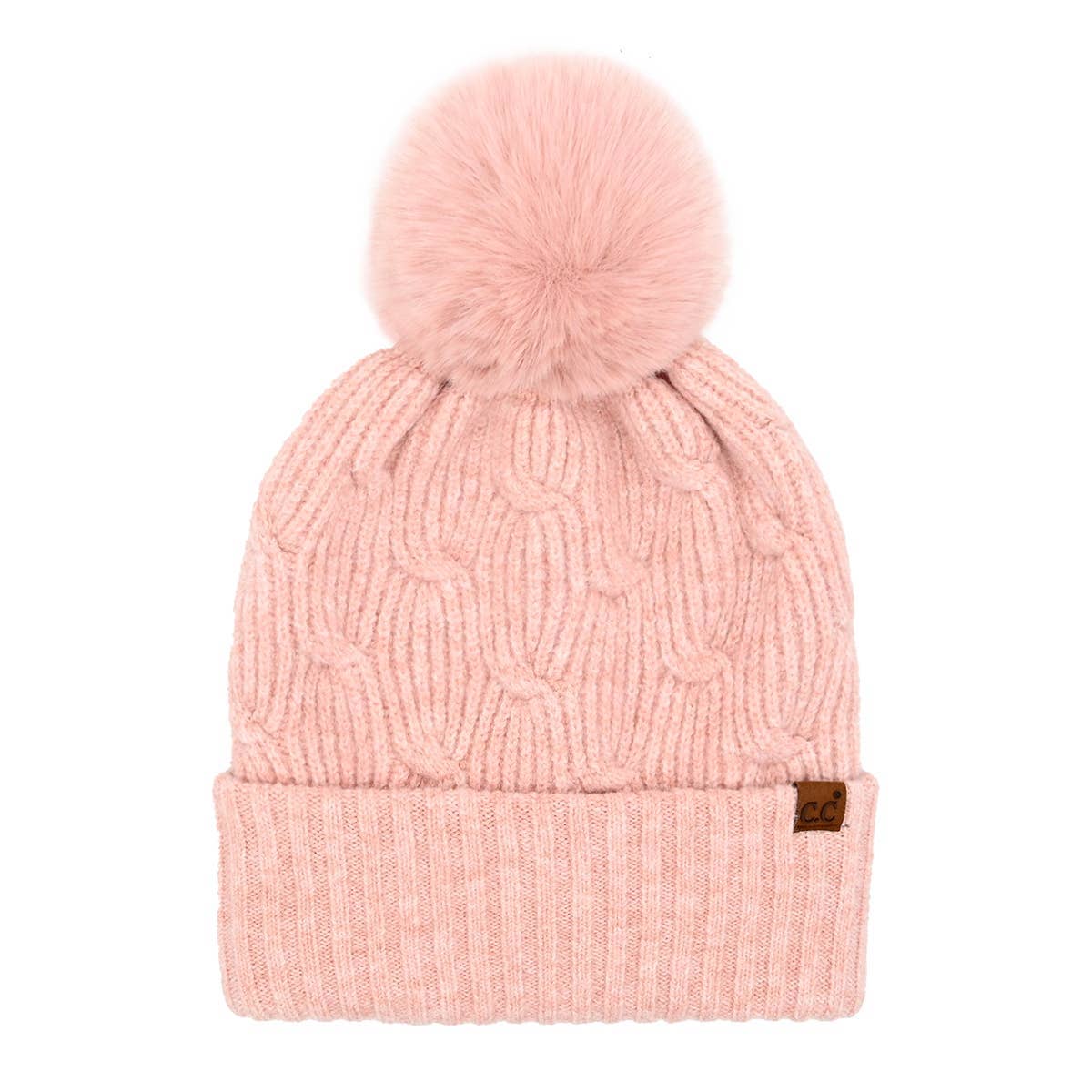 Cable Knit Faux Fur Pom Pom Beanie