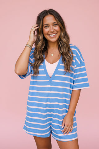 Striped V-Neck Short Sleeve Loose Romper