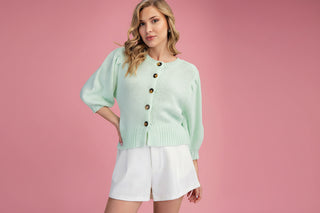 Short Puff Sleeve Button Down Cardigan