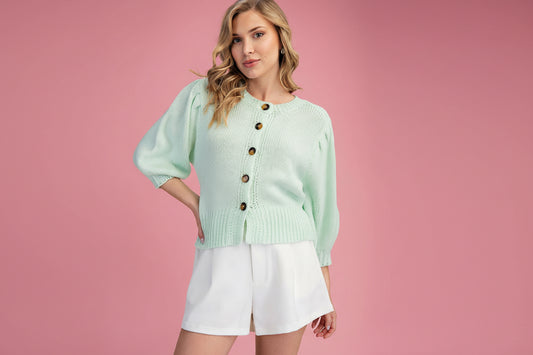 Short Puff Sleeve Button Down Cardigan