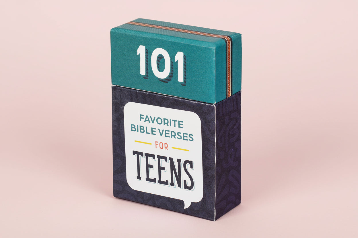 Book titled '101 Favorite Bible Verses for Teens' on a pink background