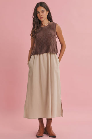 Women's Mixed Media Chunky Knit Sleeveless Twofer Midi Dress