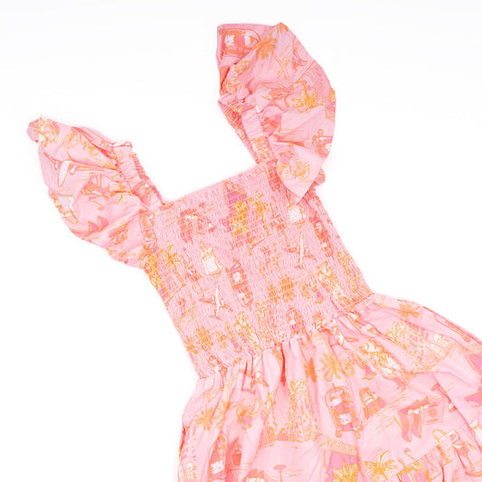 Sunset Toile Smocked Flutter Sleeve Dress