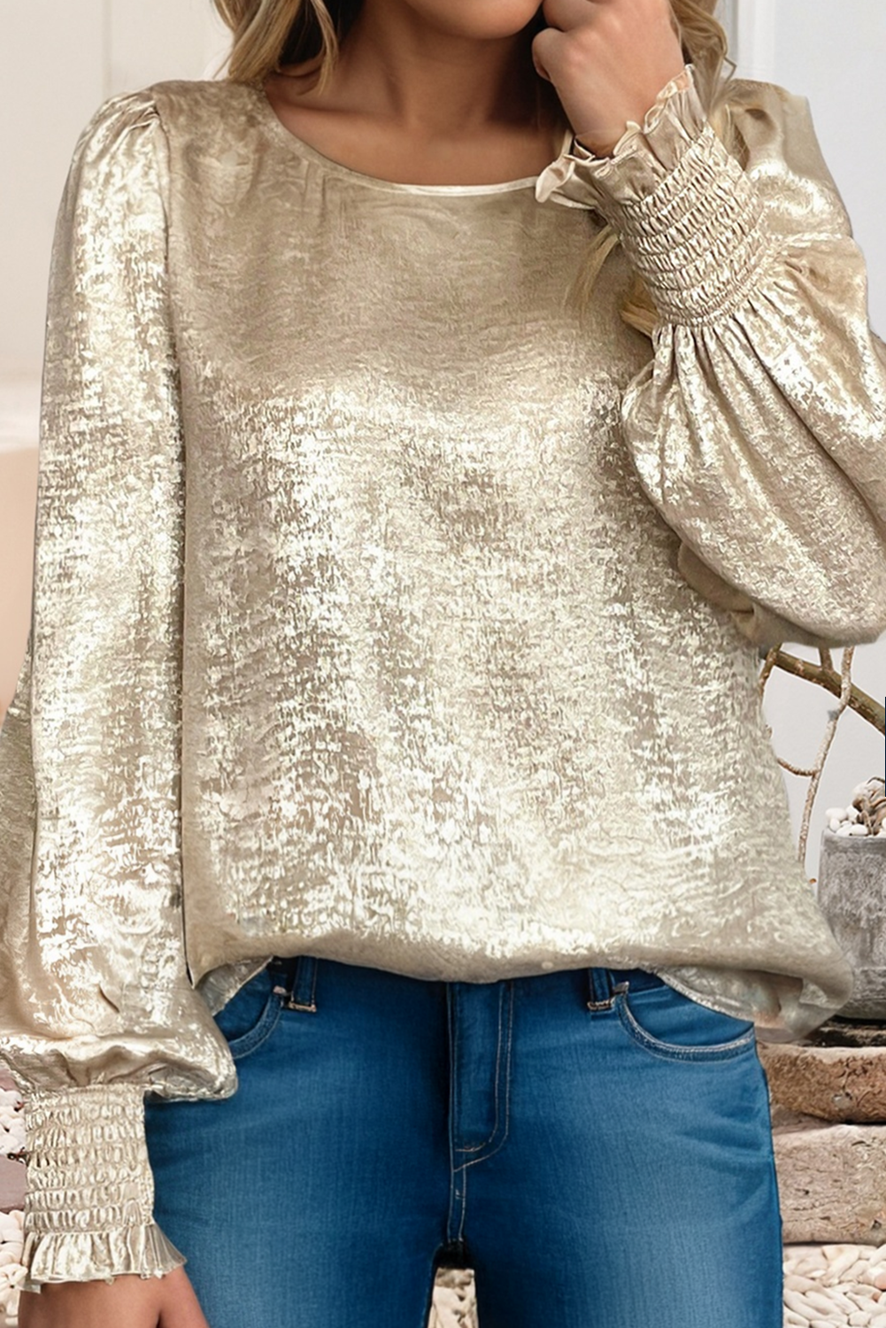 Metallic Smocked Sleeve Holiday Blouse