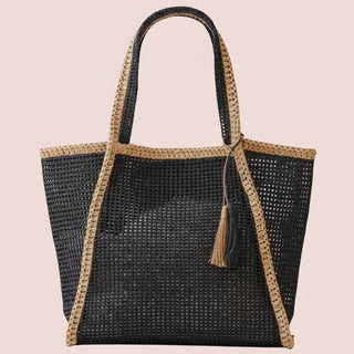 Two Tone Woven Straw Tote Bag