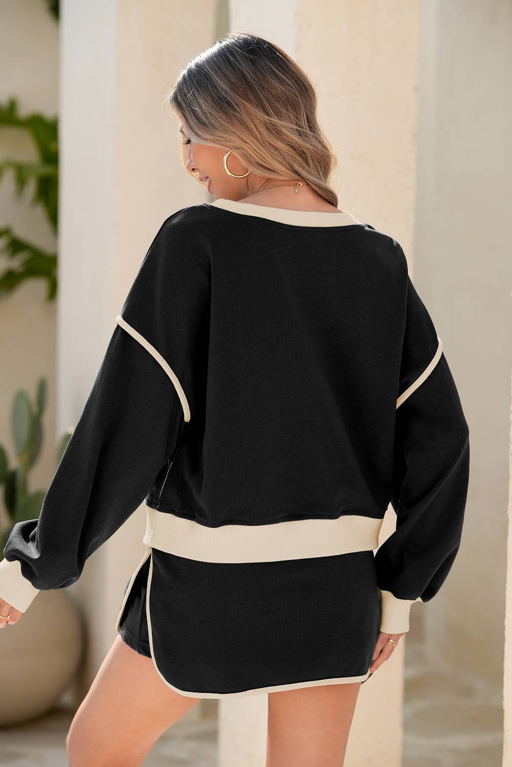 LDC Color Contrast Loose Pullover and Lace-up Skirt Set