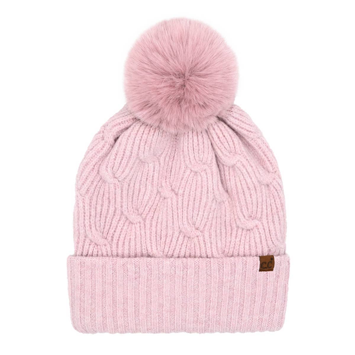 Cable Knit Faux Fur Pom Pom Beanie