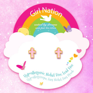 Girl Nation Pink Enamel Cross Stud Earrings
