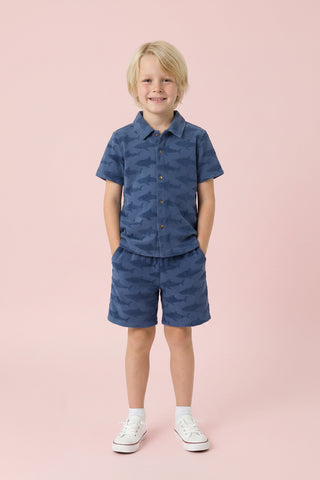 Boys Navy Shark Reverse Jacquard Buttondown Set
