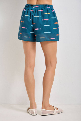 Fish Print Drawstring Shorts with Elastic Waistband