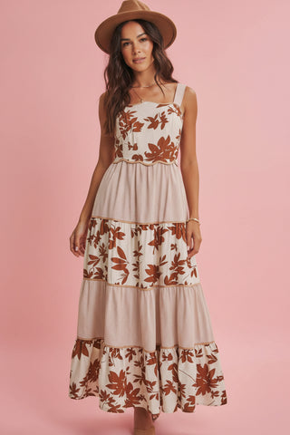 Women's Mixed Print Floral Tiered Midi Dress with Wavy Piping