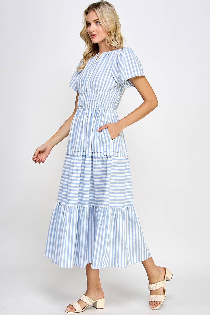 Veronica Blue Striped Spring Summer Maxi Midi Dress