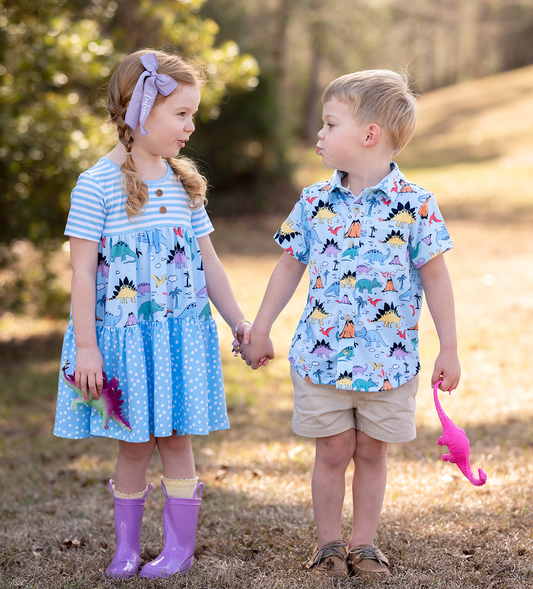 Boys Ice Blue Island Dino Short-Sleeve Button-Up