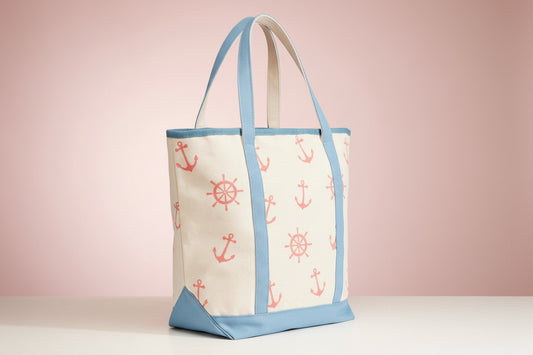 Tote bag with anchor and wheel pattern on a pink background