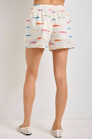 Fish Print Drawstring Shorts with Elastic Waistband