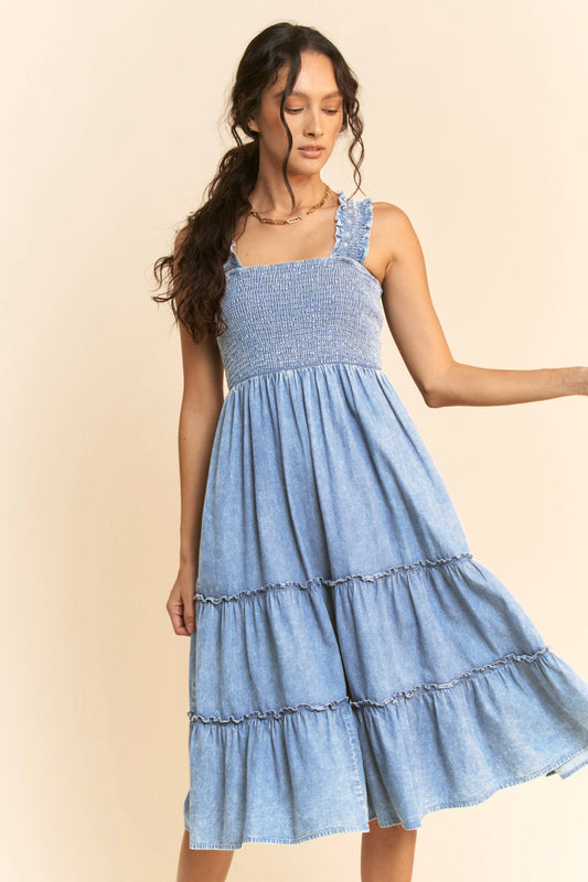 Washed Denim Smocking Straps Tiered Midi Dress