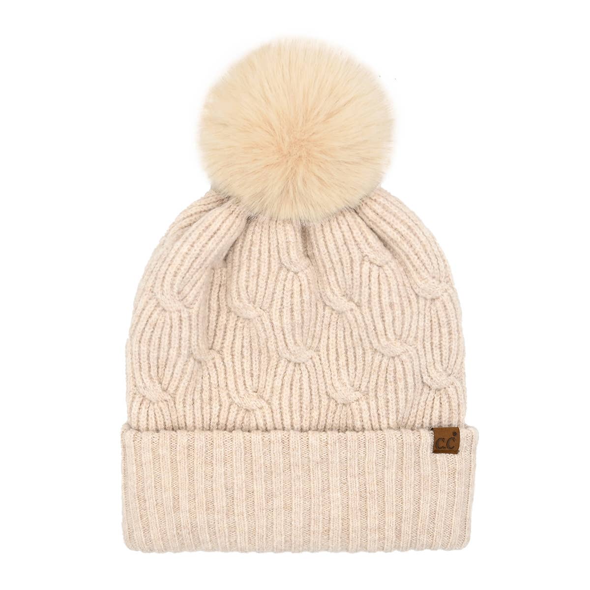 Cable Knit Faux Fur Pom Pom Beanie