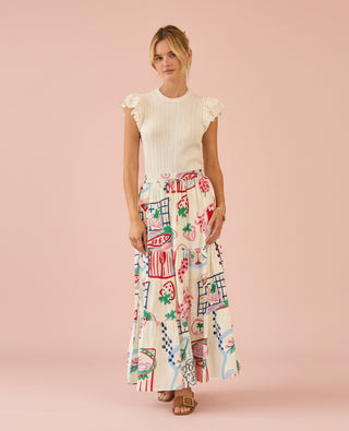 Printed Tiered Midi Skirt with Elastic Waist & Flowing Silhouette
