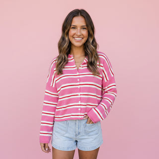 Women's Pink Striped Button-Front Collared Knit Sweater